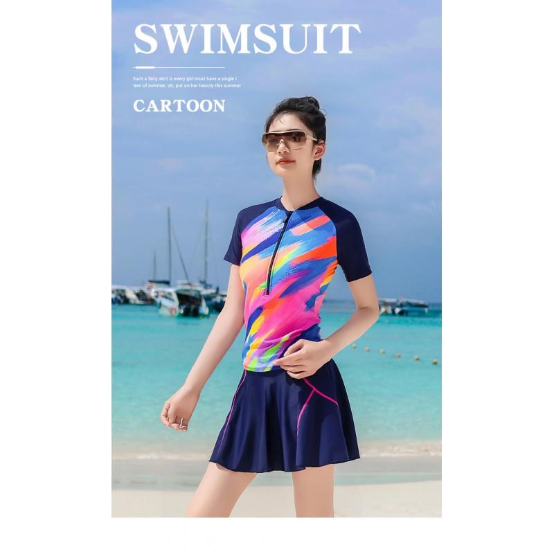 Plus Size Womens Modest Two Piece Swimsuit With Colorful Floral Print High Waist Bottoms Pool Spa Bathing