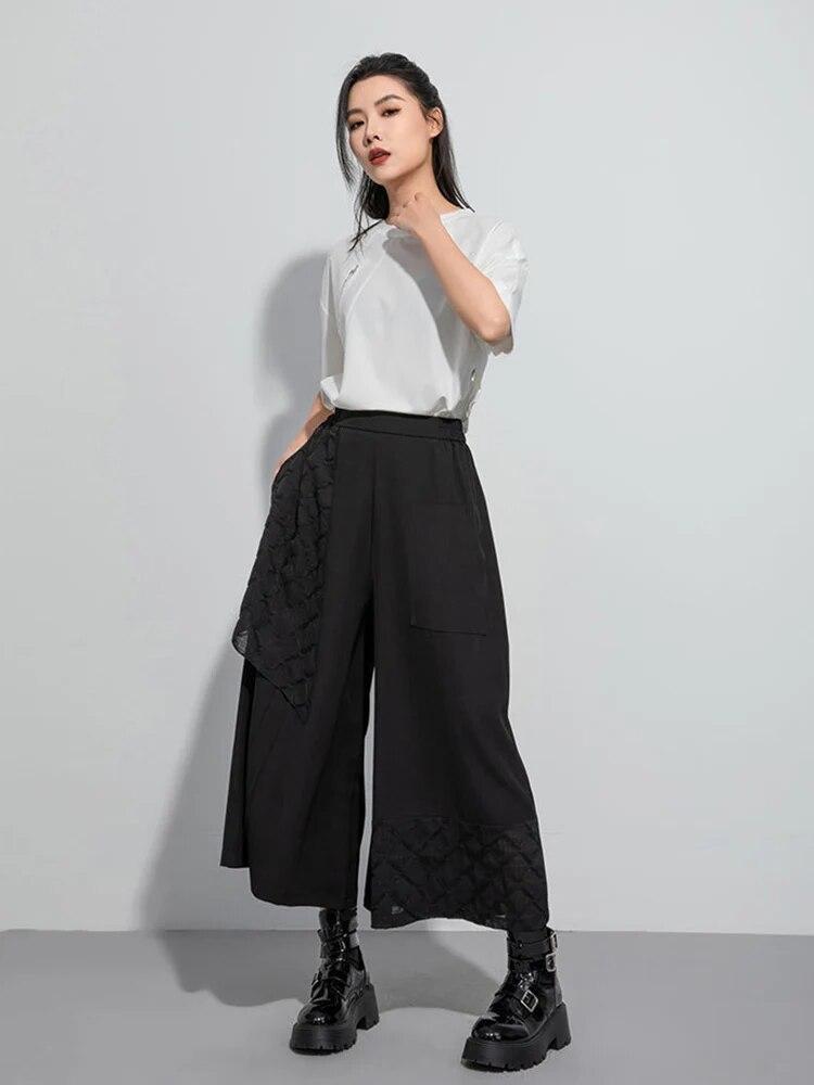Xitao Casual Patchwork Pant Solid Color Elastic Waist Women Wide Leg Pants LYD1780