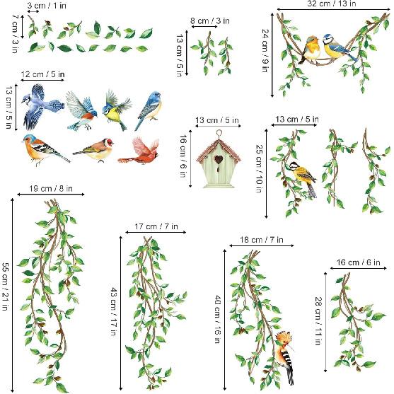 Decalmile Spring Summer Hanging Green Vine Double Sided Window Clings Birds Tree Leaves Decals Anti-Collision Glass Stickers