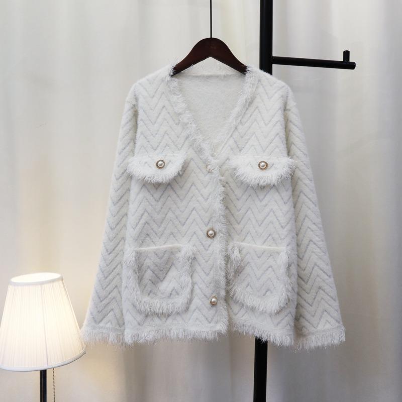 Imitation Mink Velvet Knitted Cardigan Women's Autumn and Winter Loose Retro Niche Sweater Jacket Retro Style