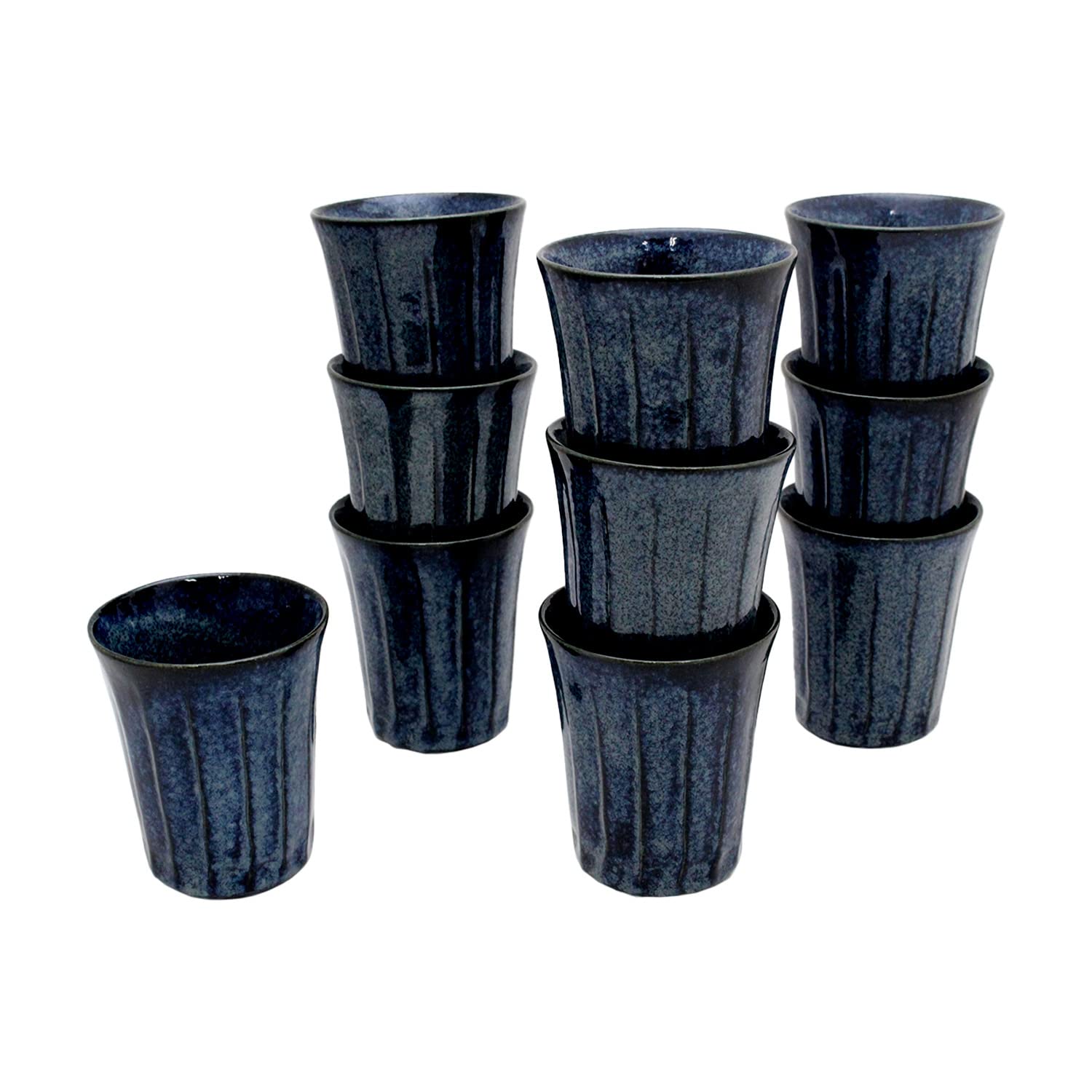 

Castle Enterprise Mino Ware Japanese Cafe Series Shaved Long Teacups, Indigo Snow Design, Set of 10