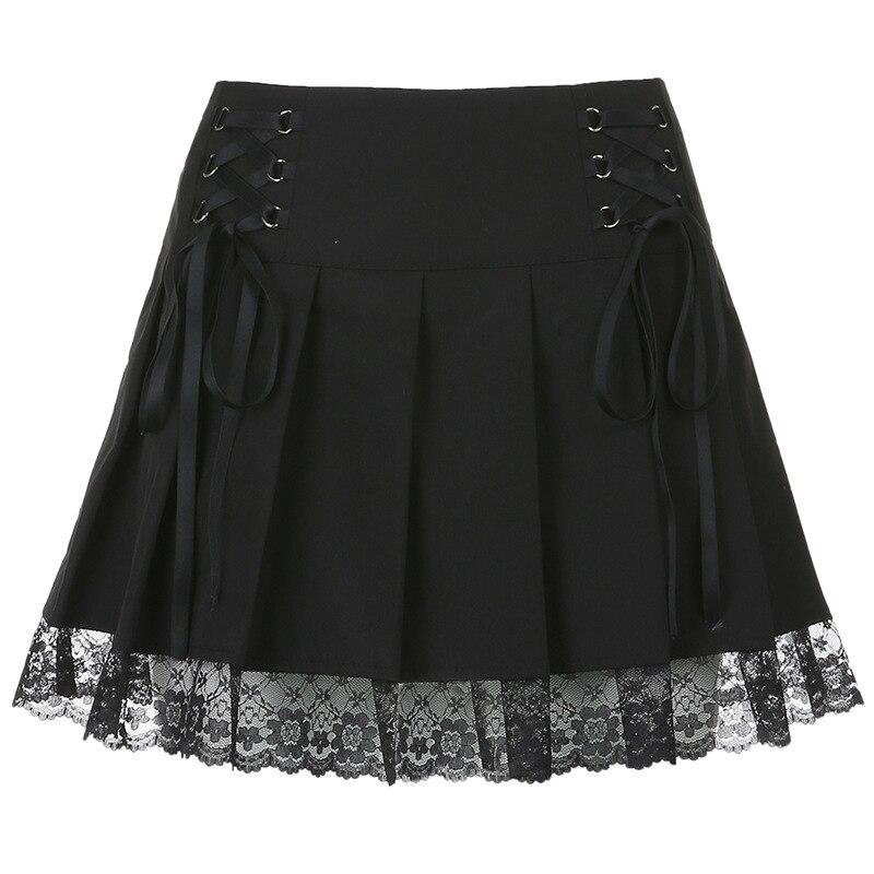 2023 Women High Waist A-Line Mini Skirt Lace Decoration Pleated Printed Punk Style Black Dress Club Party Wear Hot