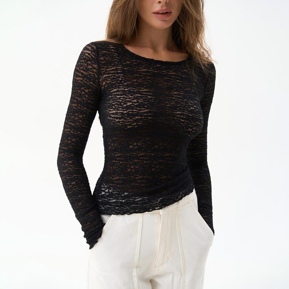 European and American autumn new fashion round neck sexy perspective bottoming shirt Spice Girl long-sleeved slim top S чёрный