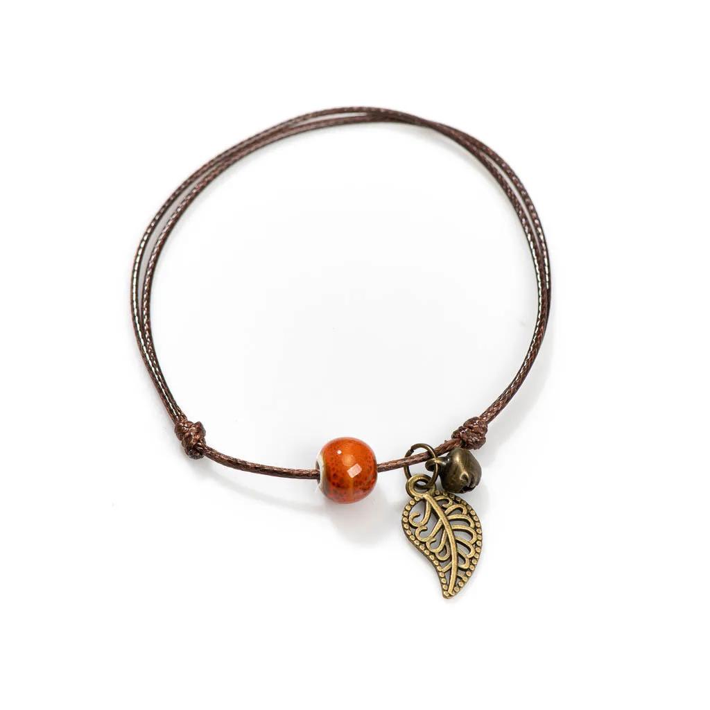 Vintage Leaf Bracelet Small Bell and Colorful Flower Glazed Ceramic Bead Pendant Leather Rope Anklet Women Ethnic Style Pulseras