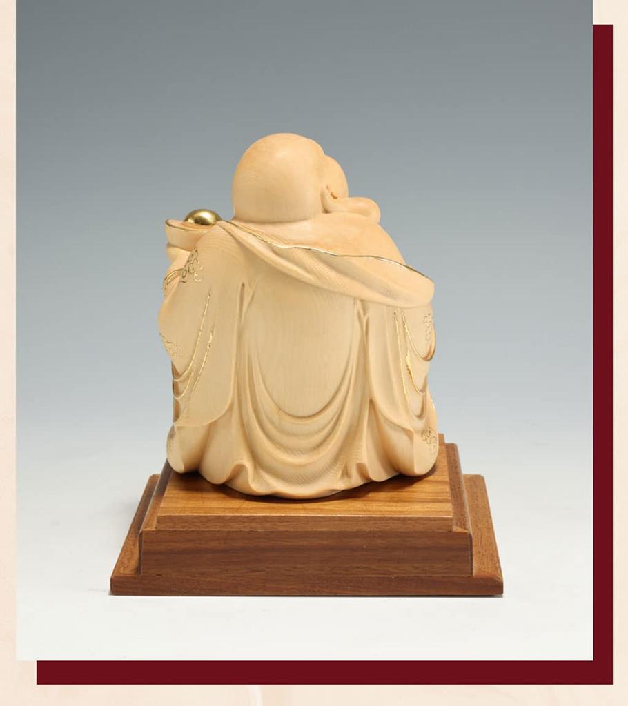 Wooden Buddha Hotei carved cypress wood 15cm x width good luck charm statue, figurine, high-quality (height 11cm),