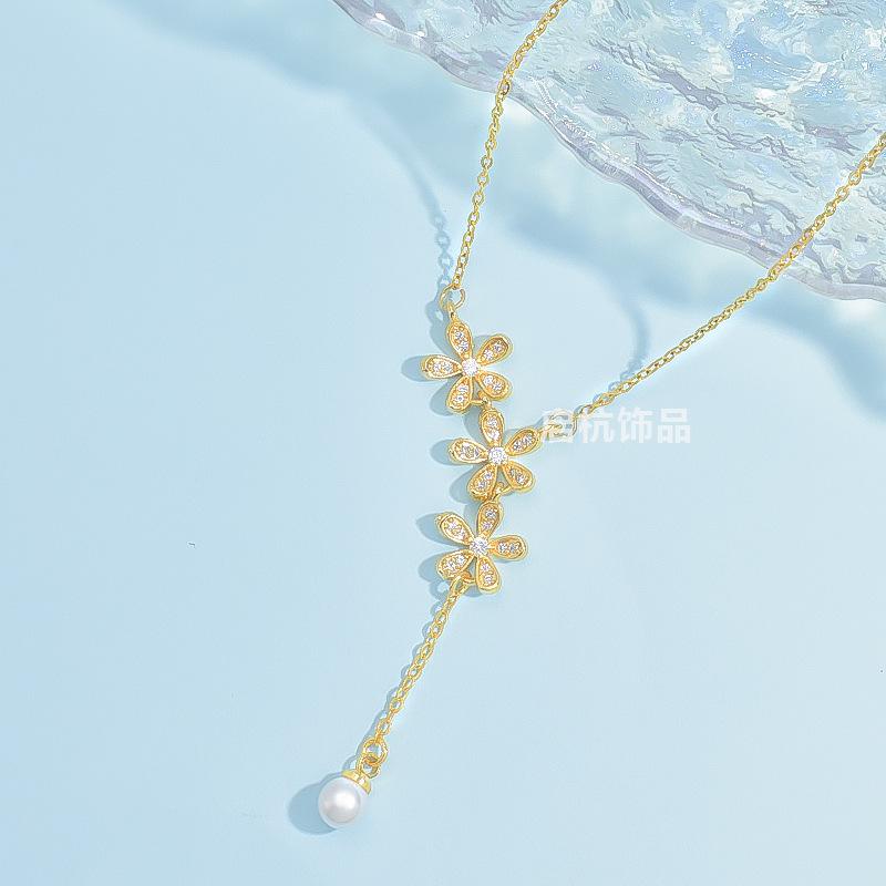 Flower Tassel Necklace Women'S Light Luxury Design Sense Simple And Fresh Versatile Micro-Inlaid Collarbone Chain Accessories