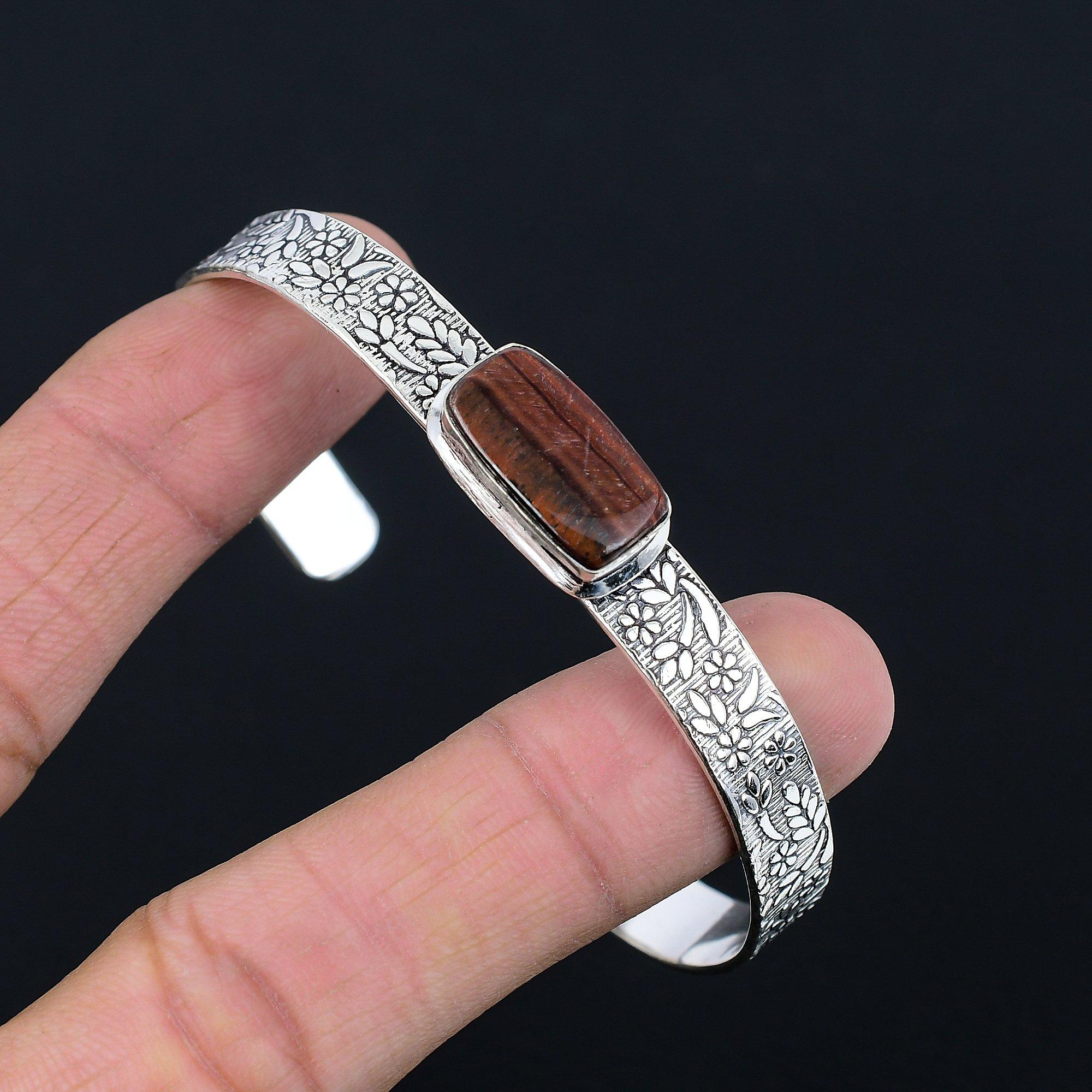 

Birthday Gift For Her Natural Tiger Eye Gemstone Bangle Adjustable 925 Silver Adjustable