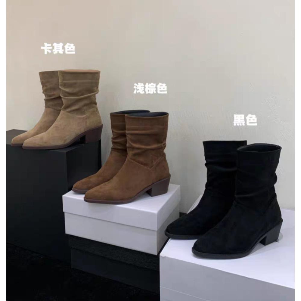Suede Women's Mid-calf Boots Solid Color Mid-heeled Fashion Winter New Women's Pointed Toe All-match Pleated Fashion Boots