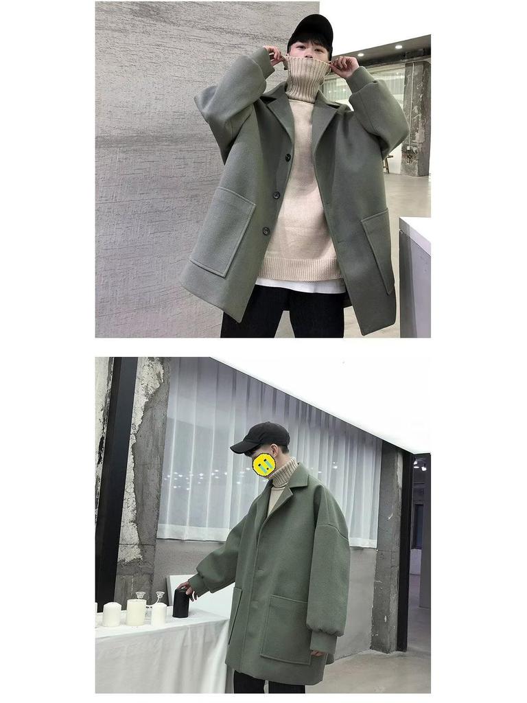 Men's Trendy Mid-Length Wool Coat - Loose Fit, High-End Single-Breasted for Autumn & Winter