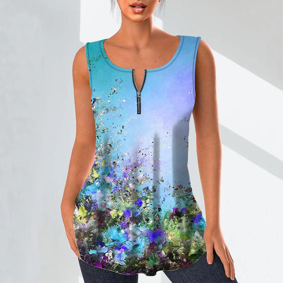 Dámská móda Košile s výstřihem do V Neformální topy Tričko Dámské 3D vykreslované květiny Potisk tílka Halenka velké velikosti bez rukávů Tílka