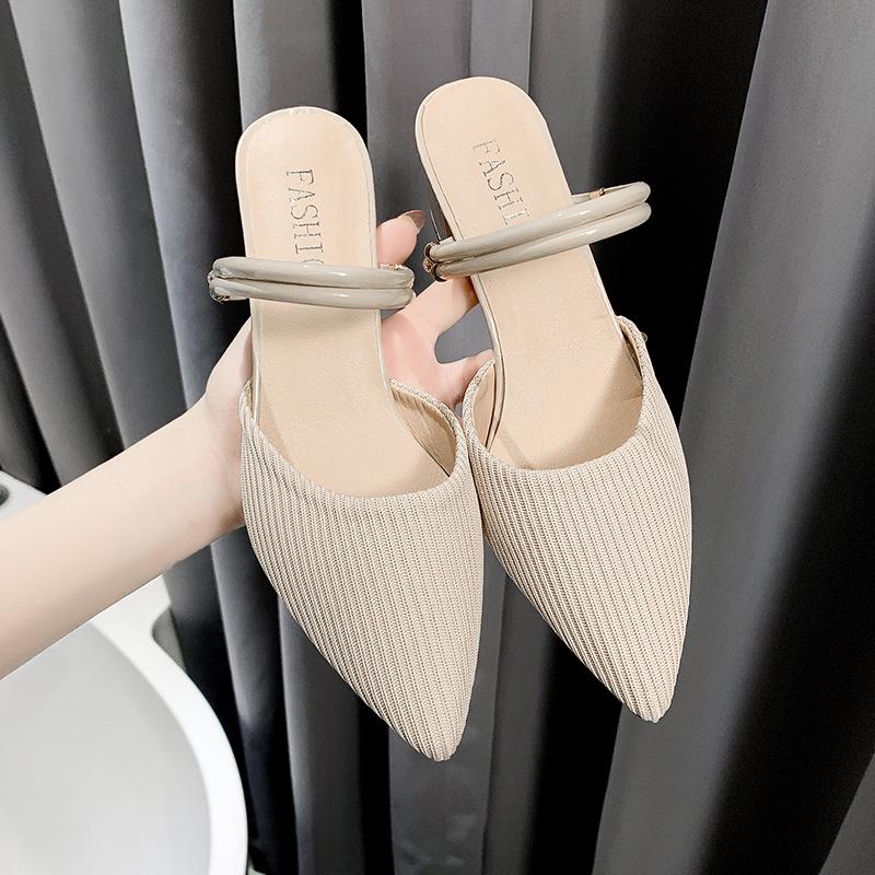 Fashion Aphixta 6cm Square Heels Slides Pointed Toe Breathable Fabric Sandals and Slippers Universal Women Outside Mujer Elegant Shoes
