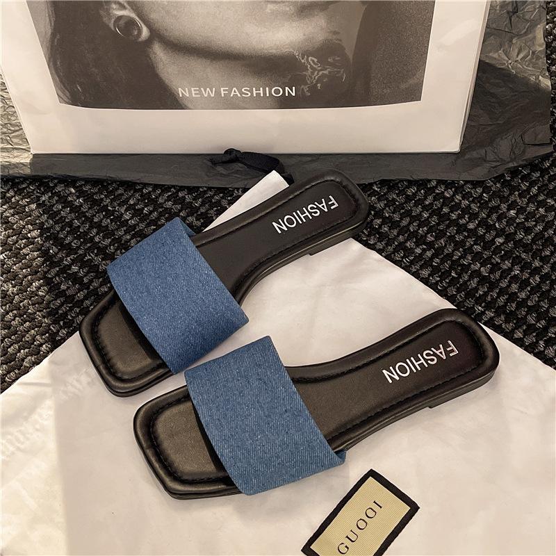 

Summer new large size flat slippers women s outer wear square head open toe one-word drag plaid sandals wholesale 42 небесно-голубой