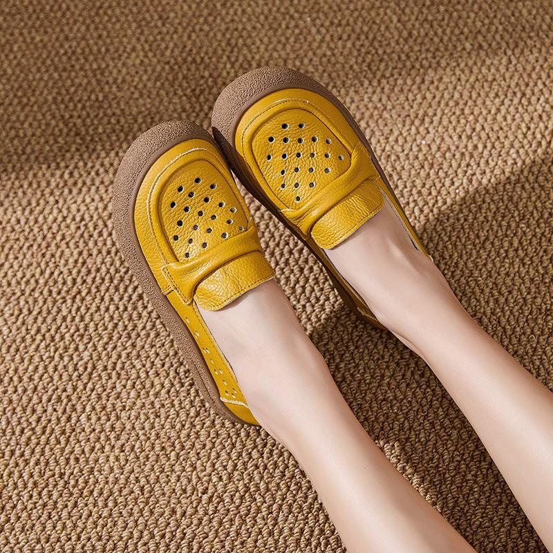 Fashion Genuine Leather Yellow Flats Hollow Out Moccasins Shoes for Women Summer Breathable Loafers Woman Barefoot Slip On Shoes Ladies
