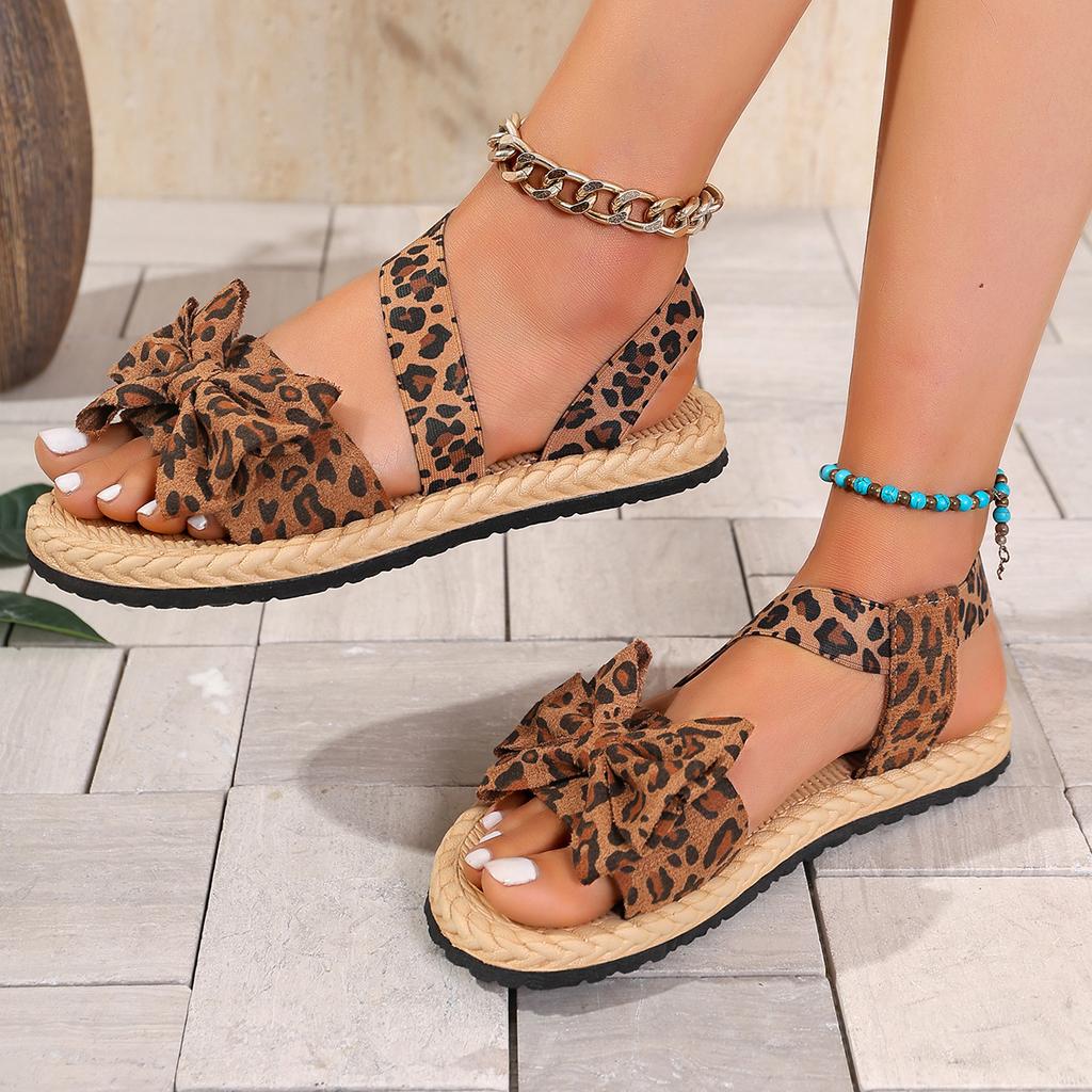 Fashion Women's Leopard Print Bow Sandals Summer Fashion Thick Soled Outdoor Beach Slippers Trend Flat Casual Shoes Lightweight