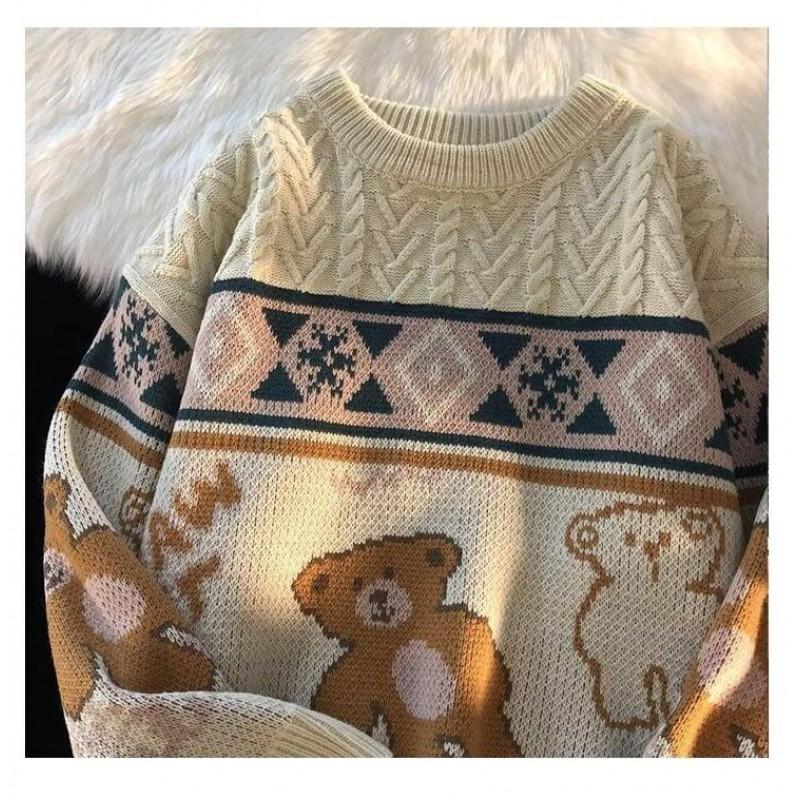 Cute Bear Knit Sweater Teens Loose Fit Round Neck Long Sleeve Badge Detail Fall Winter