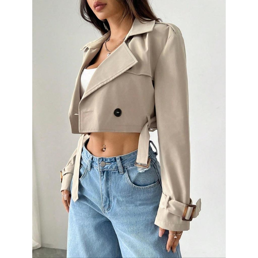 European & American Style Women's Waist-cinched Long Sleeve Short Trench Coat, Spring Autumn Casual Lace-up Fashion Outerwear