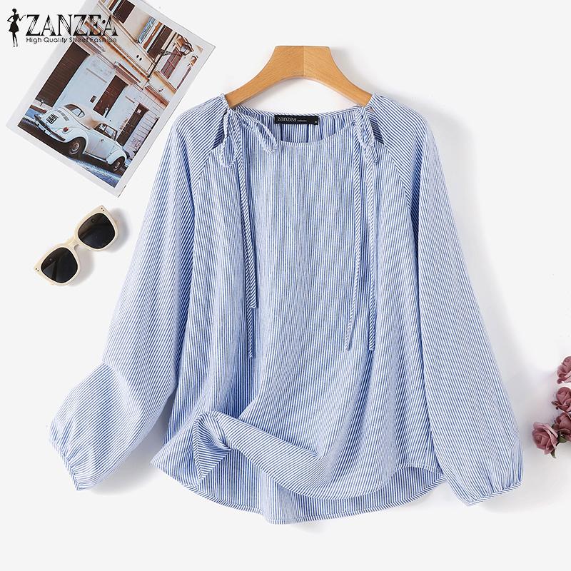 

ZANZEA Женская повседневная летняя блузка в полоску с длинным рукавом и круглым вырезом на шнуровке