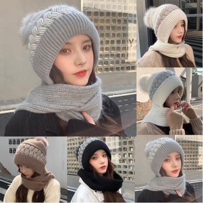 Damen Winter Strickmützen- und Schal-Set, Mit Bommeln, Weiches Und Warmes Gestricktes Kopftuch