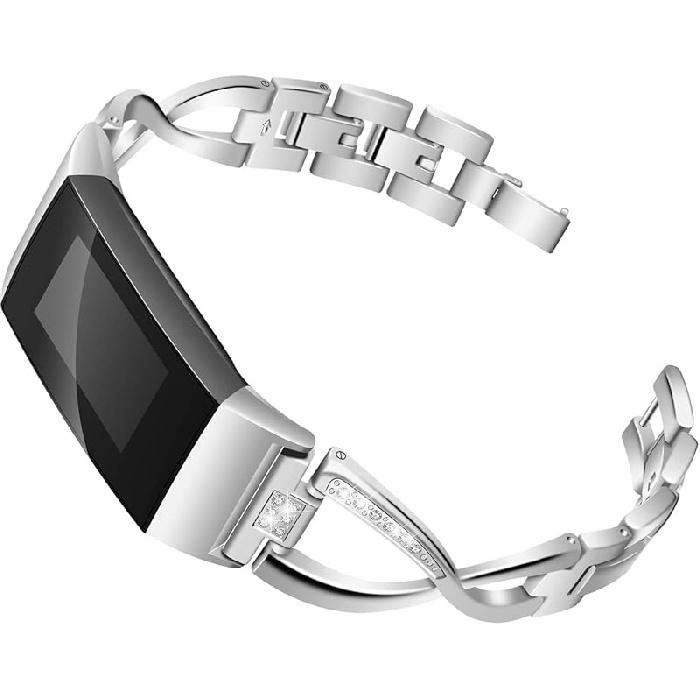 Hopply Compatible with Fitbit Charge 3 /Charge 4 Bands for Women, Metal Replacement Charge 3 hr Wristbands Strap with Bling Rhinestone for Fitbit серебряный