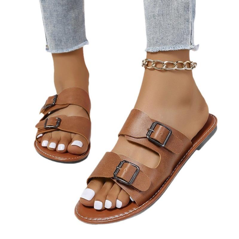 Large Size Buckle Flat Bottom One-word Shoes Women's Open-toed Retro Wind Beach Cool Slippers