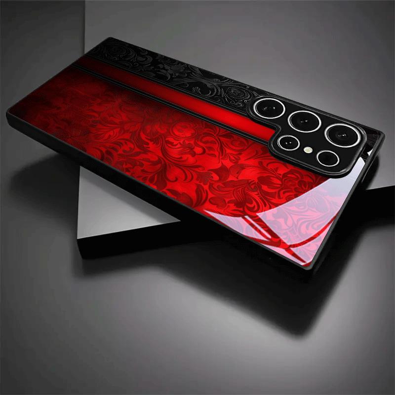 Retro red and black carved tempered glass phone case suitable for Samsung Galaxy S26 S25 S24 S22 S21 S20 FE/Ultra/Plus hard case