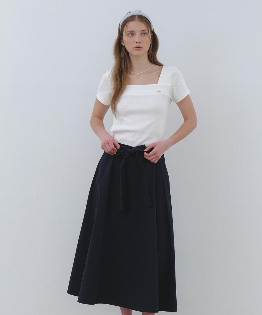 CLUNY Wide Tie Flare Long Skirt - Navy