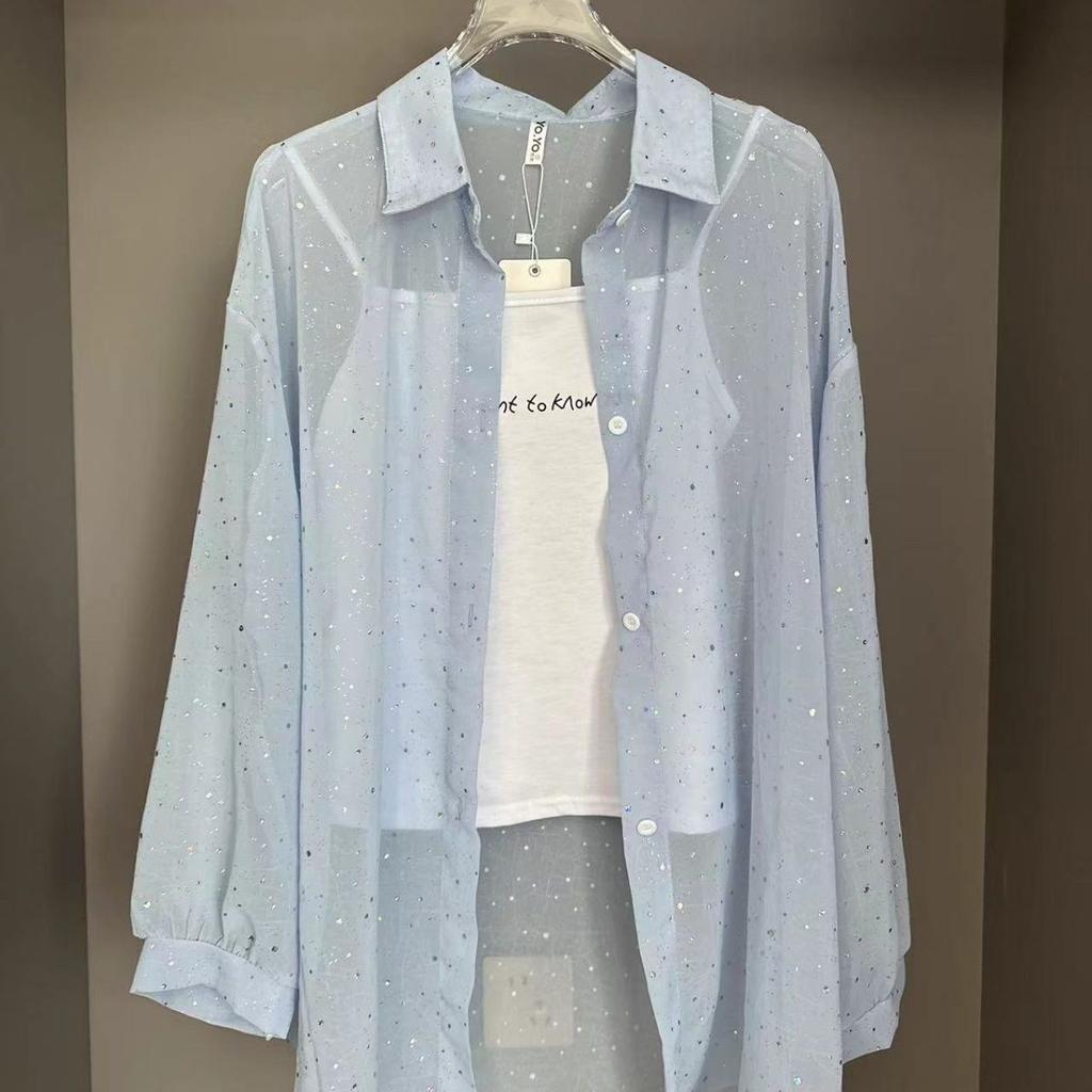 Sonnenschutzhemd Damenmode Locker Glitzernd Atmungsaktiv Langarm Sonnenschutzkleidung