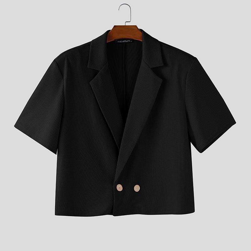 INCERUN Oversized Men Lapel Short Sleeve Casual Thin Texture Cropped Blazer Tops