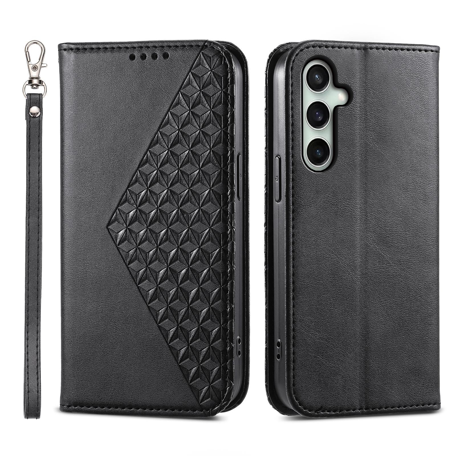 

For Samsung Galaxy S25 FE Case Calf Texture PU Leather Wallet Phone Cover with Wrist Strap Black