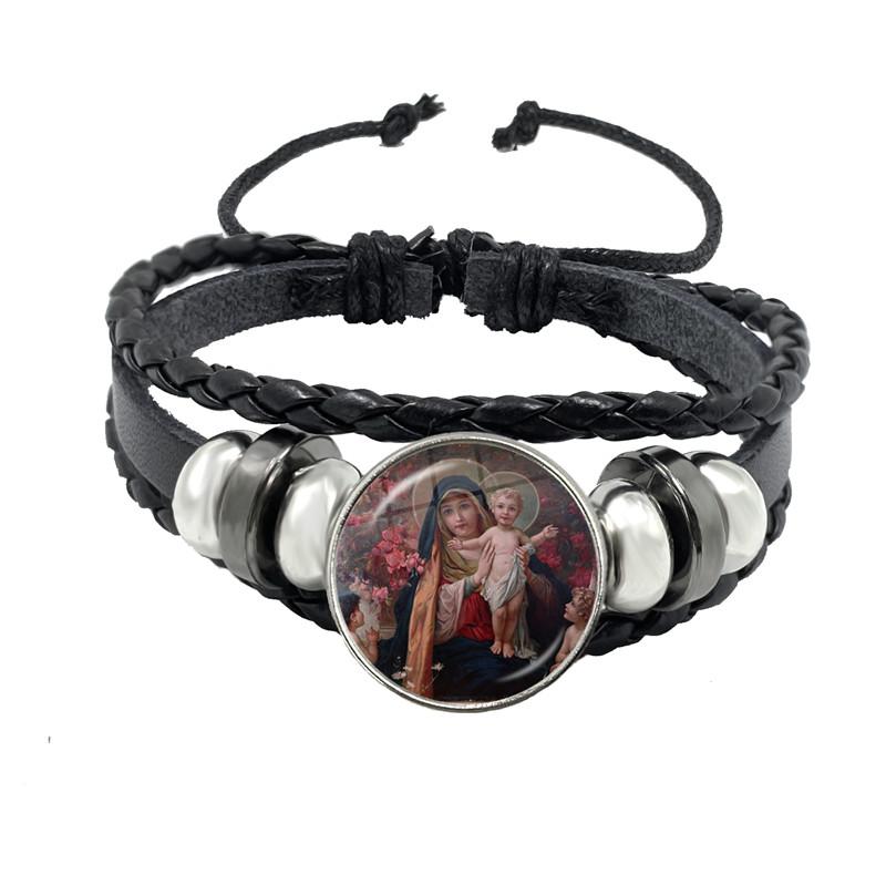 Virgin Mary Baby Jesus Christian Catholicism Jewelry Black Button Leather Bracelet Blessed Mother Religious Glass Cabochon Gift