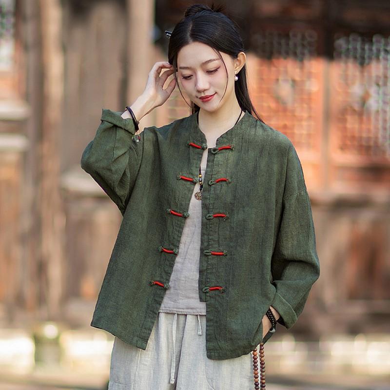 Johnature Women Vintage Blouses Spring Chinese Style Solid Color Shirts Stand Long Sleeve Button Shirts