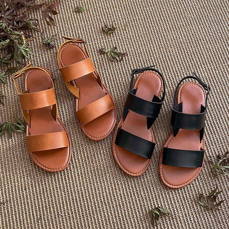 European and American retro style flat-bottomed buckle sandals women's one-word buckle strap large size beach sandals simple