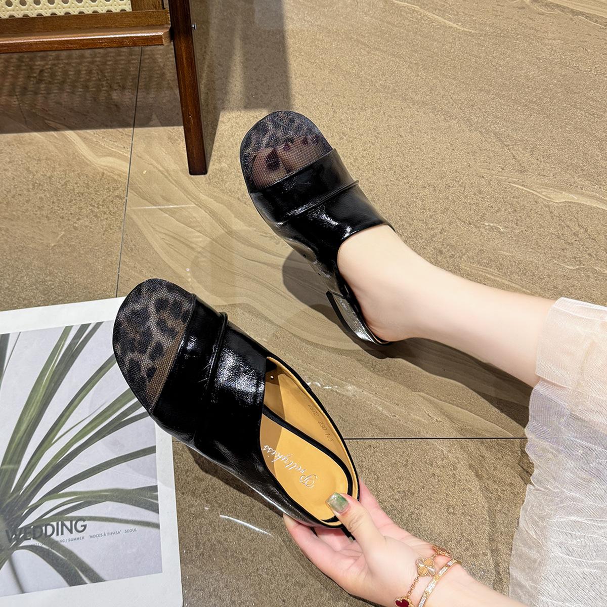 Baotou half-drag lazy drag summer niche personalized designer sandals leopard print mesh yarn outer wear flat-bottomed slippers 34 8887₽