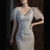 Evening Dress Skirt Women's New   Fishtail Design Sense Celebrity Light Luxury Niche Silver Sequined V-neck Banquet Dress