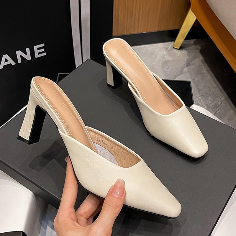 Fashion 7CM High Block Heels Mules Shoes Ladies Pointed Toe Wedges Slides Shoes Woman U Open Slingback Sandals Femmes Pantuflas Slippers