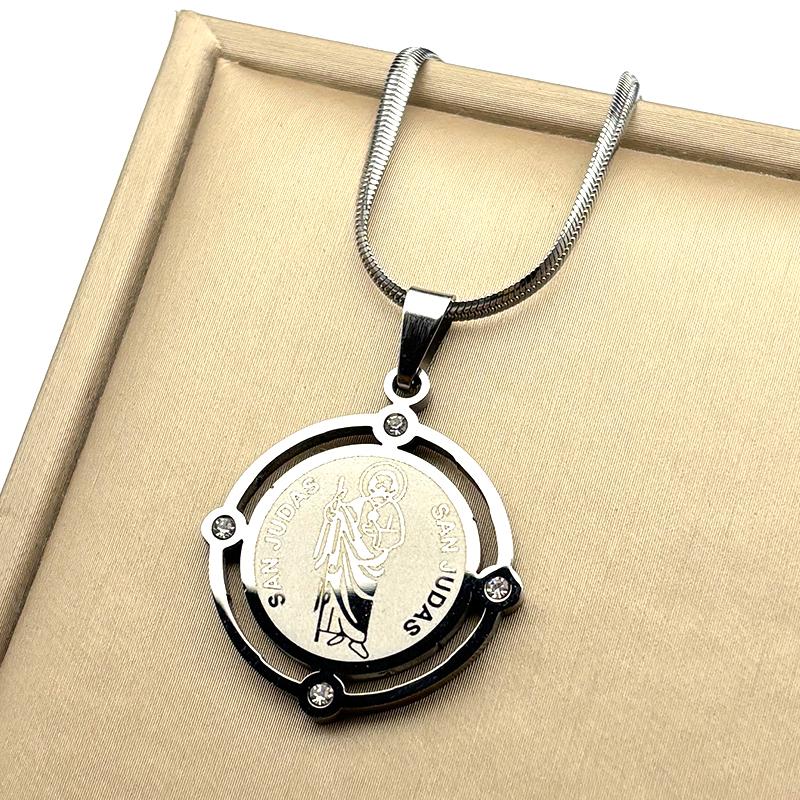 San Judas Tadeo Stainless Steel Pendant Necklace for Men Women Rhinestone Saint Jude Thaddeus Religion Chain Jewelry