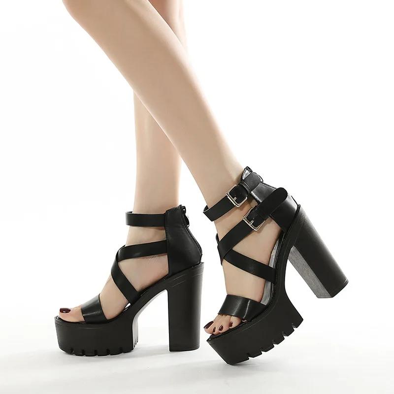 Fashion NEW NIGHTCLUB BELT BUCKLE SUPER HIGH BLOCK HEEL NIGHTCLUB 13CM SLIM SHALLOW MOUTH FISHMOUTH WOMEN'S SANDALS