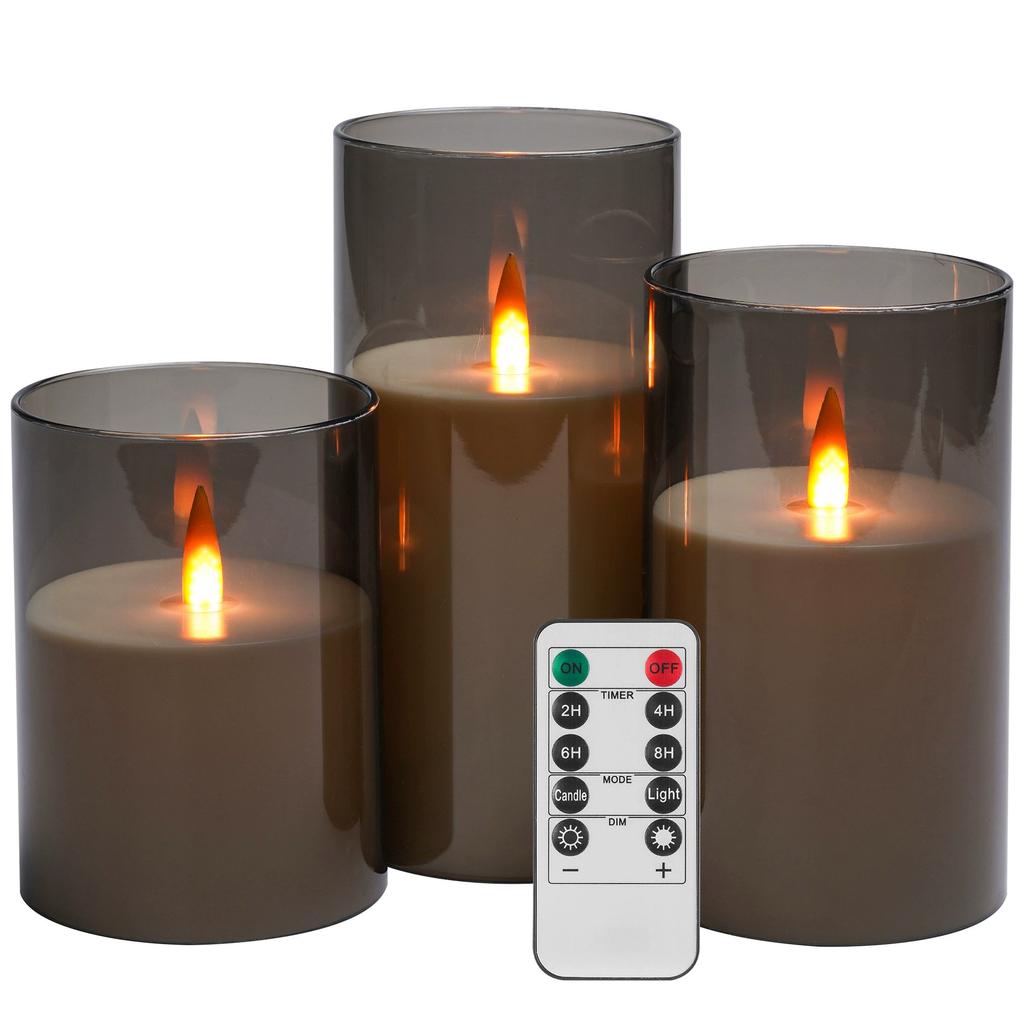 LED Pillar Candle Light Remote Control Fire-Free Acrylic Gray 3D Flame Home Halloween Christmas Easter New Year Decoration Soft