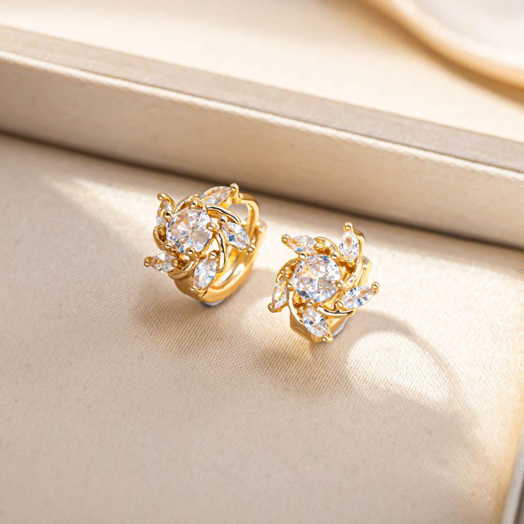 European & American Chic Rhinestone Flower Earrings: Gold & Silver Studs with Light Luxury Design and CZ Zircon Hoops