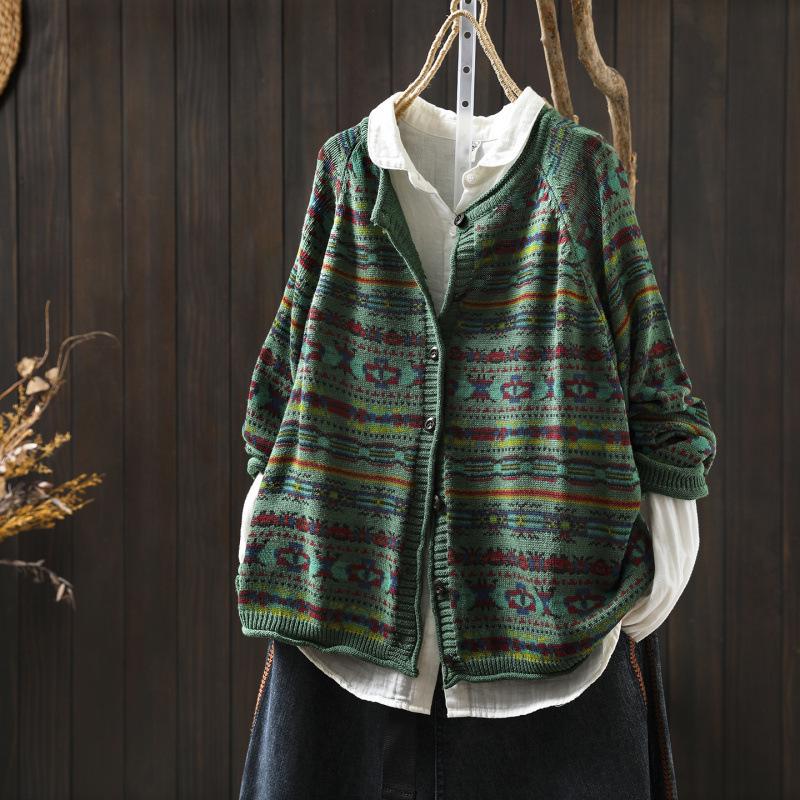Autumn 2025 Women's Retro Print Loose Knit Cotton Cardigan