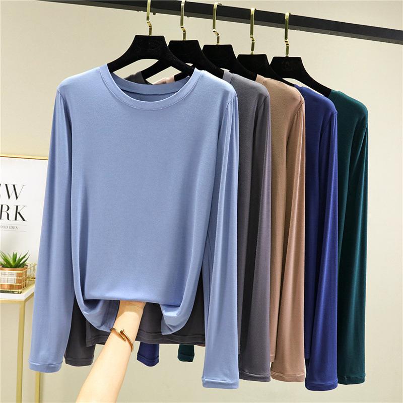 Damen Modal Langarm T-Shirt Rundhalsausschnitt Einfarbig Schmale Passform Basic Unterhemd Dünn Vielseitig Lässiges Oberteil