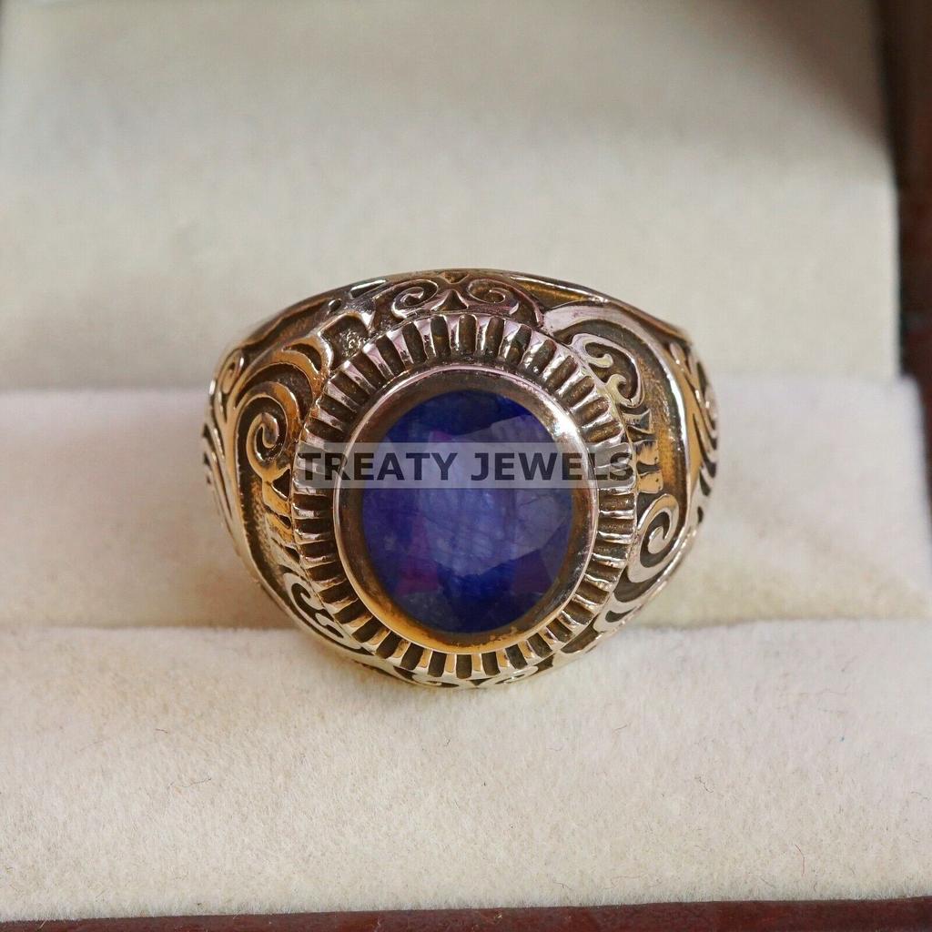Blue Sapphire Oval Cut Gemstone With 925 Sterling Silver Ring For Men's #B582 JL375686464438