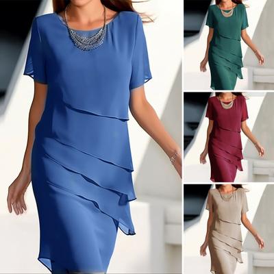Damenmode Chiffonkleid Rundhalsausschnitt Kurzarm Einfarbig Plissee-Kleid