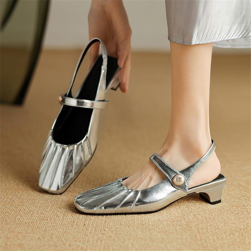 Fashion New Summer Sandals Split Leather Sandals for Women Fashion Square Toe Low Heels Cover Toe Sandals Ladies Shoes Casual Shoes