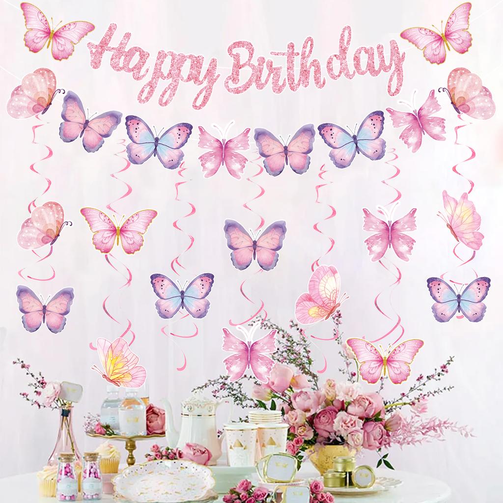 Butterfly Banner Spiral Set Happy 1st Birthday Party Decorations Kids Girls Favors Gifts Spring Butterfly Theme Hanging Pendant