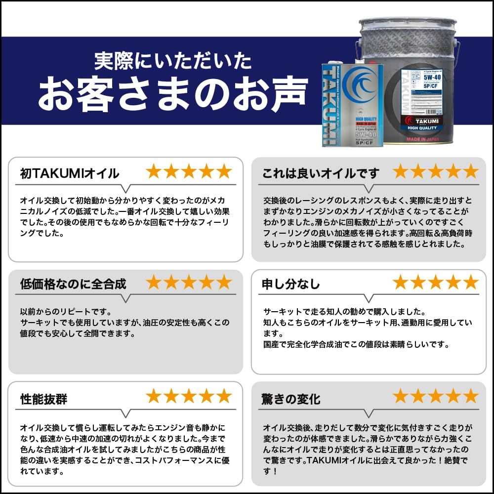 TAKUMI Motor Oil (AKT JAPAN) 5W-40 SP/CF Engine Oil, 4L, for Gasoline and Diesel Vehicles, Synthetic, for City Driving