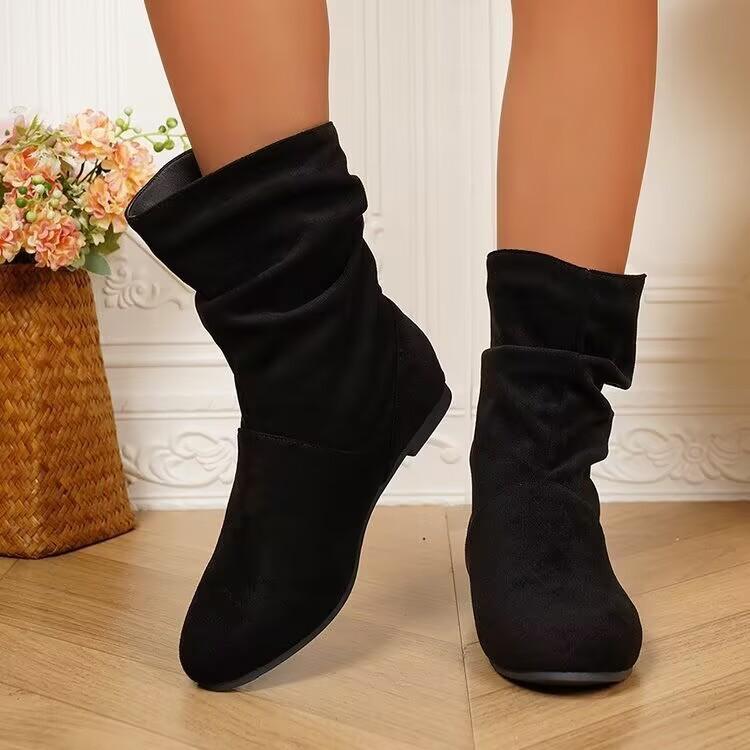 Pleated Pile Boots Winter New Suede Large Size Round Head Retro Medium Boots