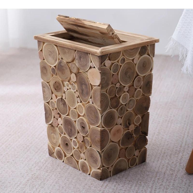 Wooden Trash Bin Living Room Chip Splicing Process Technology with Lid Paper Basket Decor Home Items
