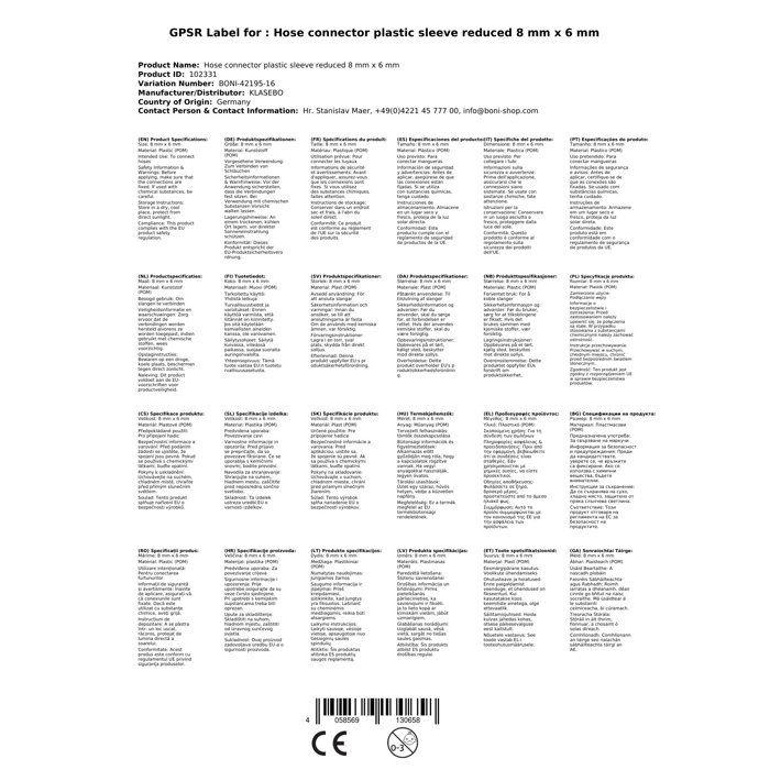 Reduced Hose Connector 8mm/6mm In Plastic for Watering