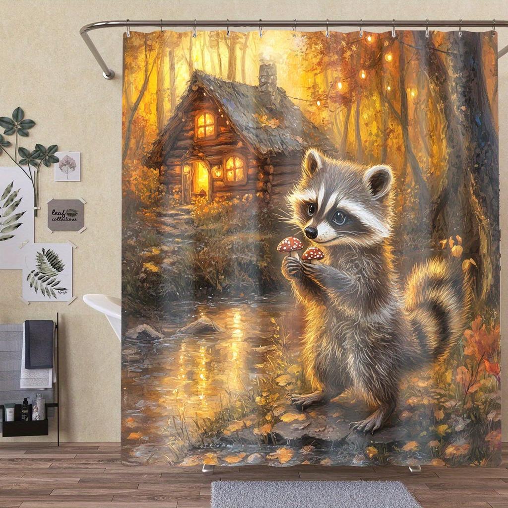 Open 1 piece of dark orange forest raccoon theme digital printed shower curtain, the shower curtain is made of polyester fabric
